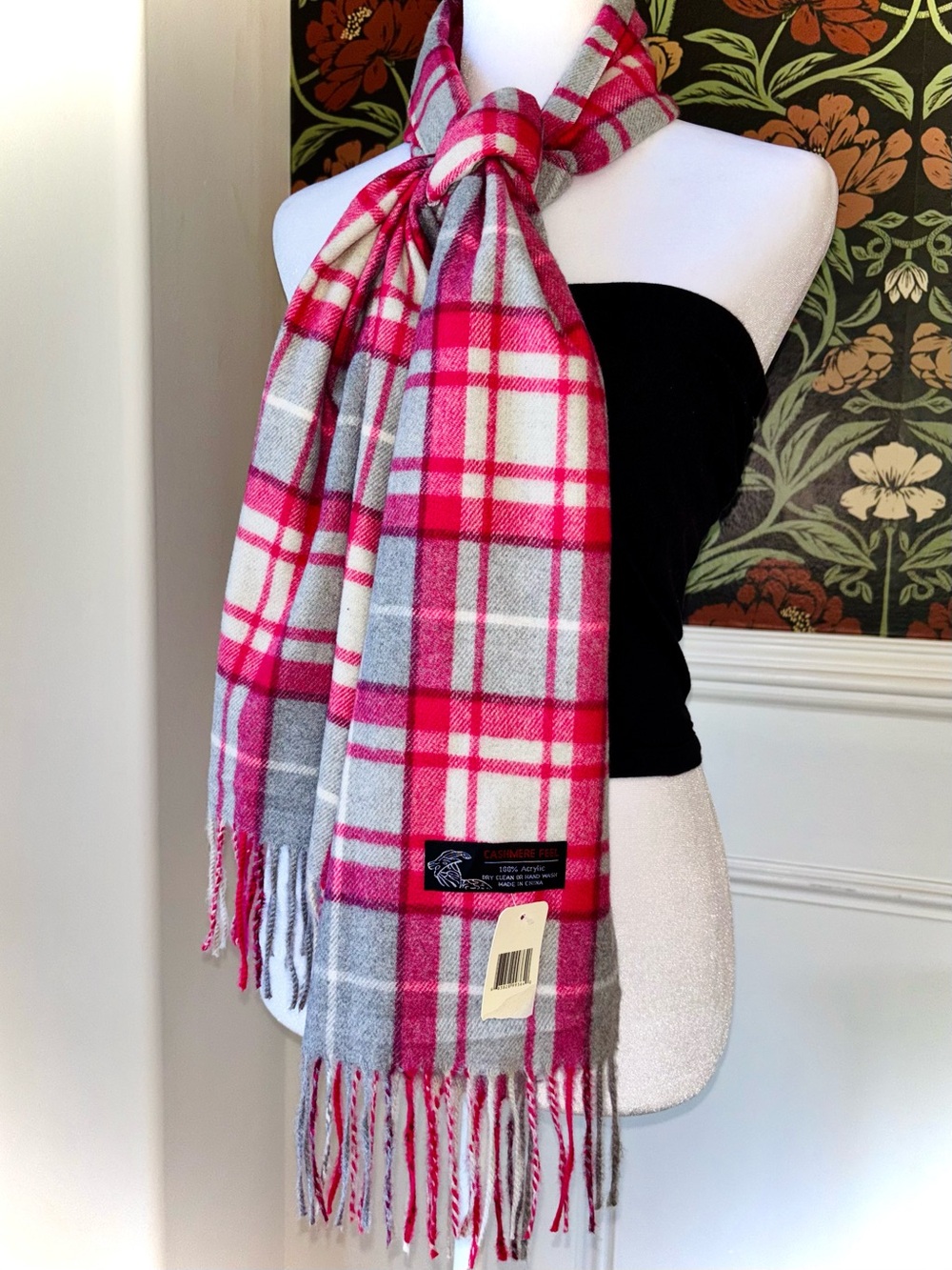NWT Hot Pink Plaid Fringe Scarf Cashmere Feel Winter Wrap Preppy Coquette - Picture 5 of 7
